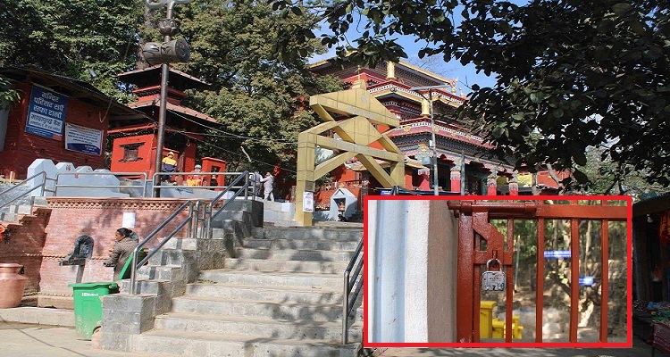 हलेसी मन्दिरको गेटमा ताला, पूजाआजामा राेक